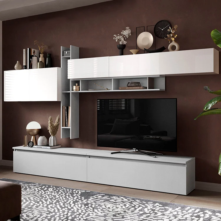 Parete attrezzata 336x200h cm moderna bianco lucido grigio Sunset 32