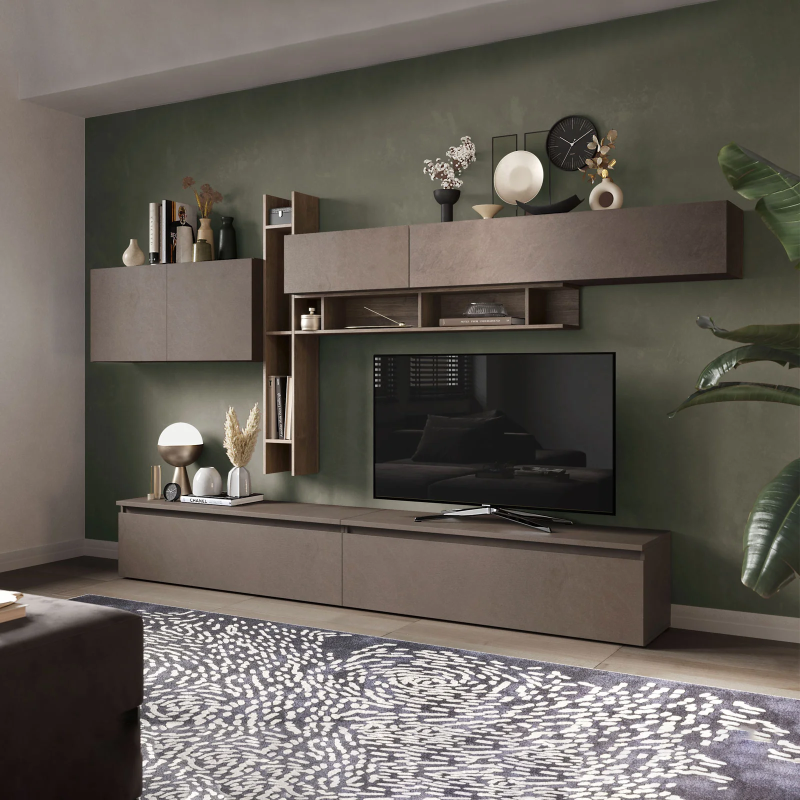 Parete attrezzata 336x200h cm moderna rovere marrone bronzo Sunset 32