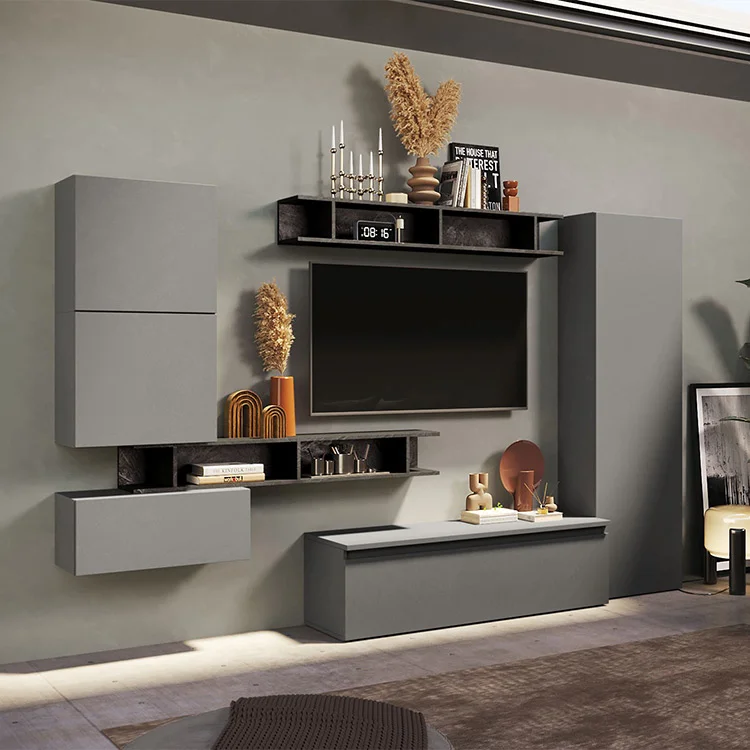 Parete attrezzata 295x186h cm salvaspazio moderna grigio antracite Sunset 38