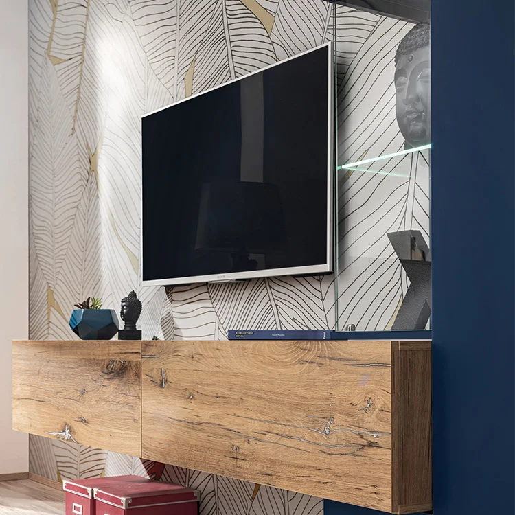 Parete attrezzata 210x162h cm soggiorno con led blu scuro rovere Feola