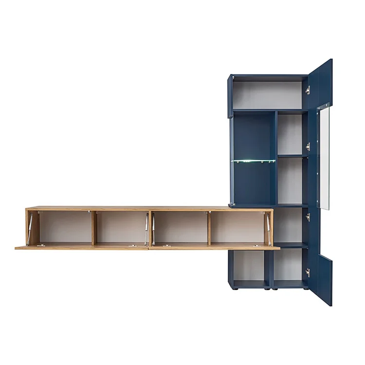 Parete attrezzata 210x162h cm soggiorno con led blu scuro rovere Feola