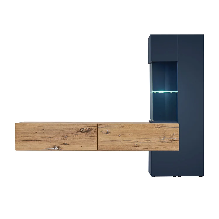 Parete attrezzata 210x162h cm soggiorno con led blu scuro rovere Feola