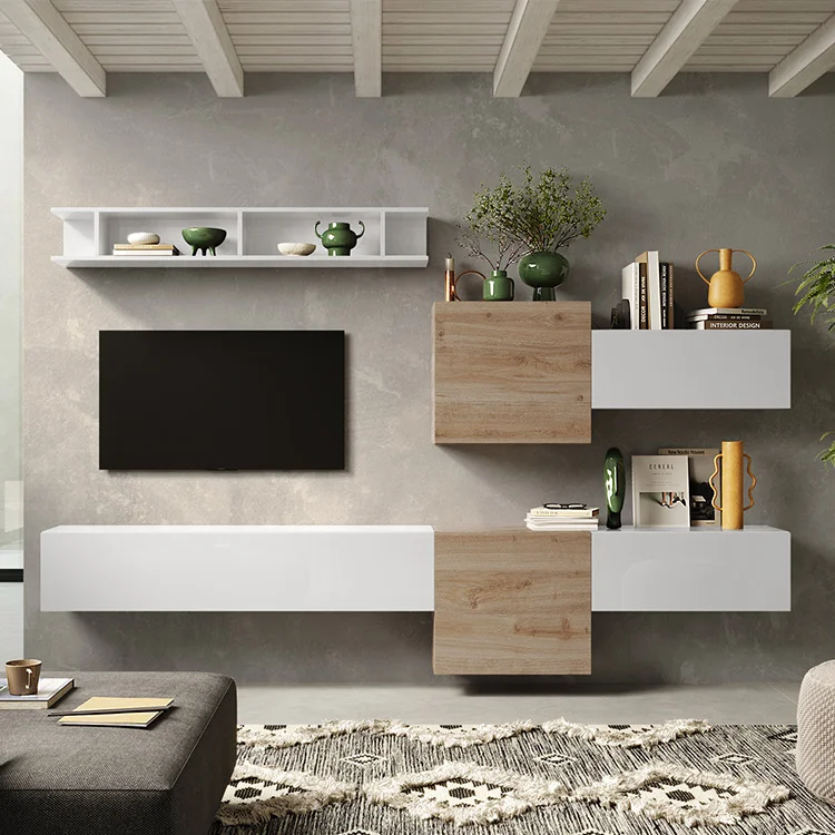 Parete attrezzata sospesa 262x190h cm bianco lucido rovere chiaro Sunset 22
