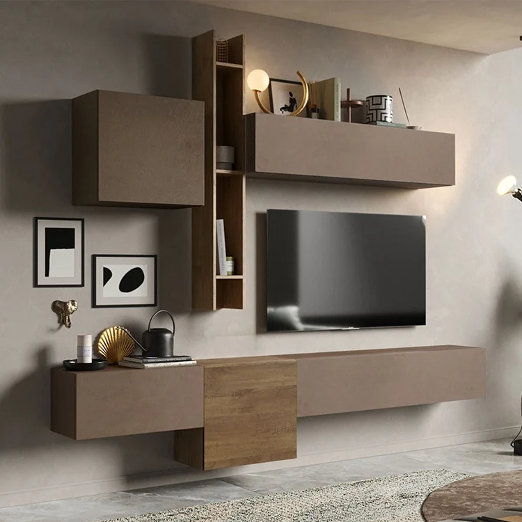 Parete attrezzata sospesa 262x220h cm marrone bronzo  rovere scuro Sunset 12