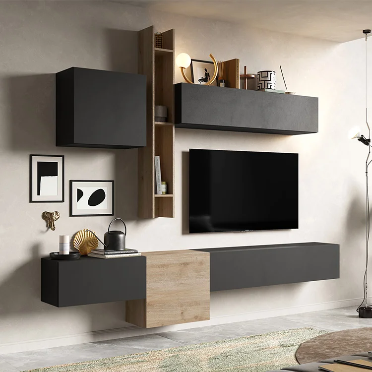 Parete attrezzata sospesa 262x220h cm rovere chiaro ossido nero Sunset 12