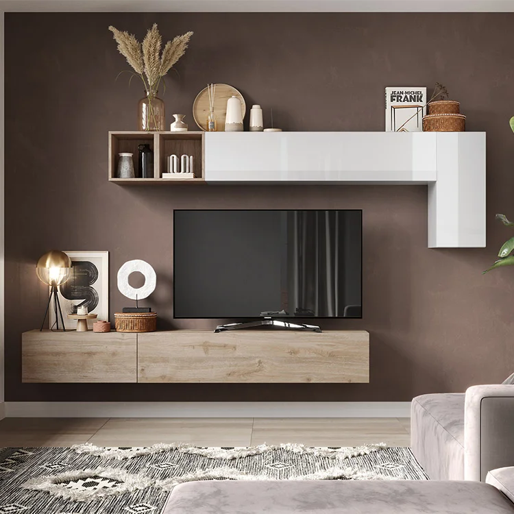 Parete attrezzata sospesa 276x175h cm bianco lucido rovere chiaro Sunset 41