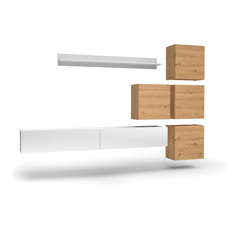 Parete attrezzata sospesa 300x210h cm bianco lucido rovere Tempus