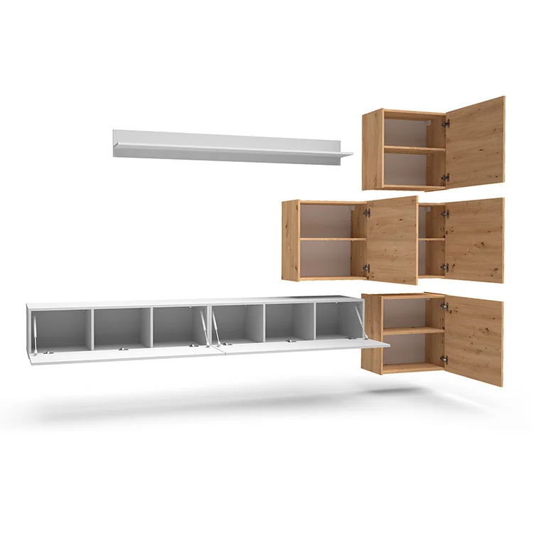 Parete attrezzata sospesa 300x210h cm bianco lucido rovere Tempus
