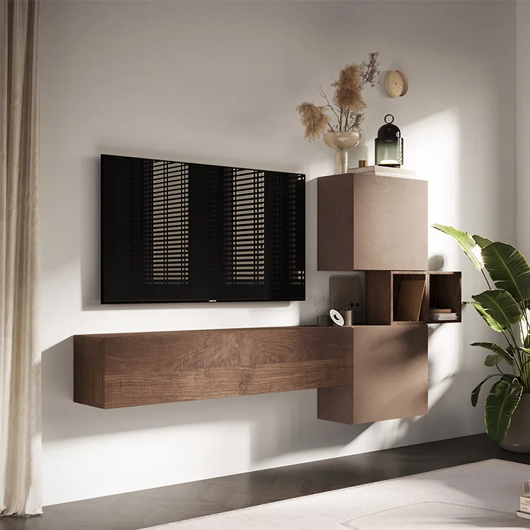 Parete attrezzata sospesa 220x130h cm moderna marrone bronzo rovere Sunset 53
