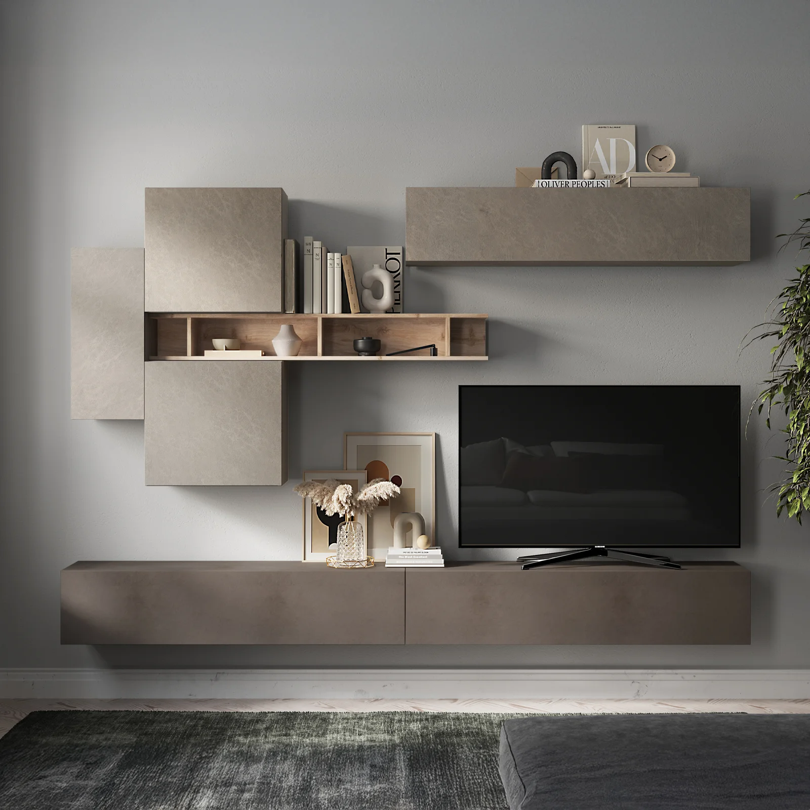 Parete attrezzata sospesa 276x190h cm moderna marrone tortora rovere Sunset 44