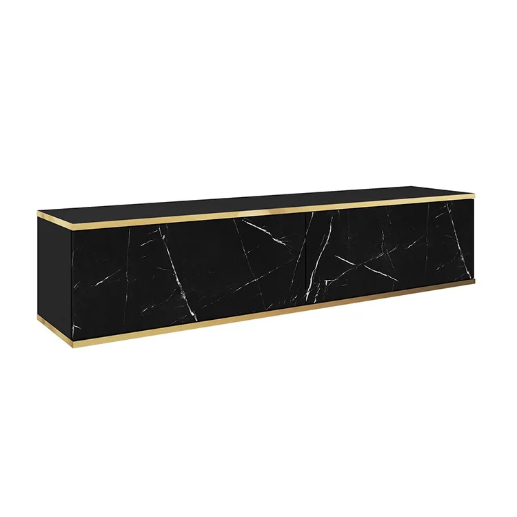 Mobile porta TV sospeso 135x30h cm 2 ante moderno effetto marmo nero oro Linus