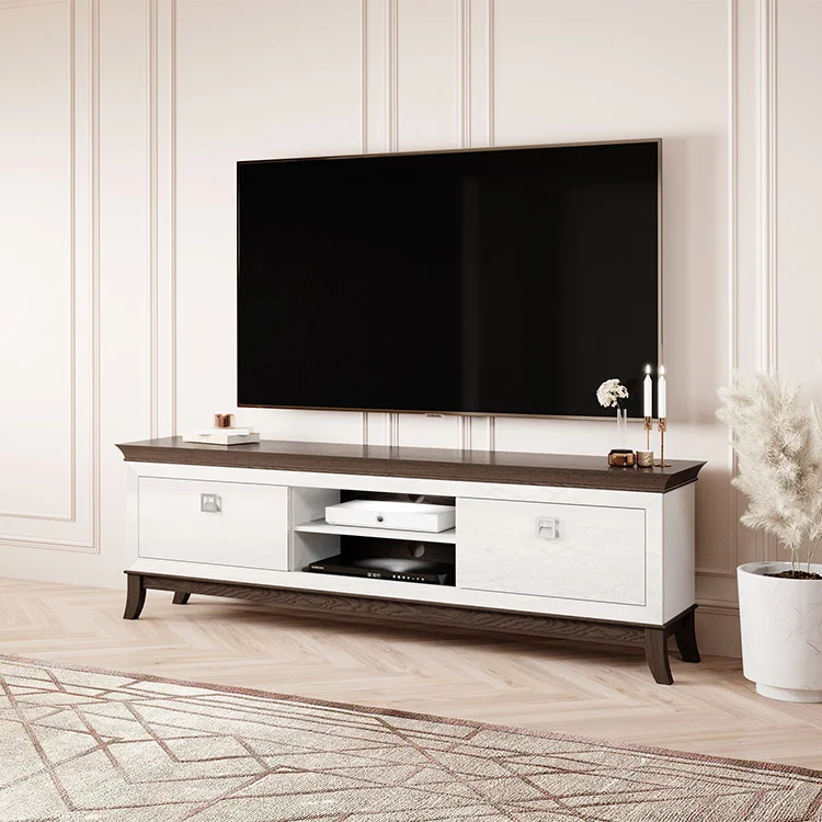 Mobile porta TV 196x63h cm 2 cassetti moderno bianco lucido rovere scuro Umag