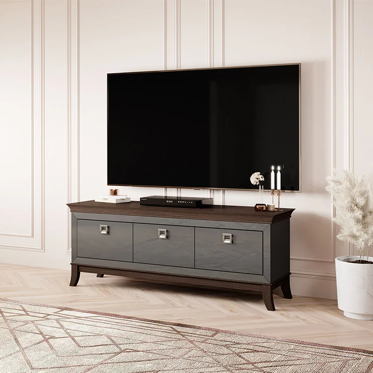 Mobile porta TV 160x63h cm 3 cassetti moderno antracite lucido rovere scuro Umag