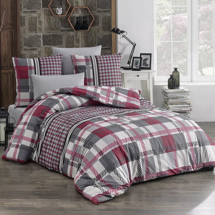 Set copripiumino matrimoniale e federe a quadretti 220x240cm rosso grigio Doroty