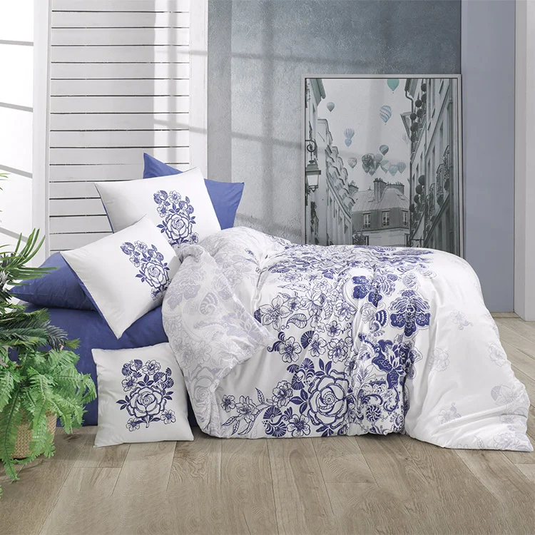Set copripiumino singolo e federa 140x200cm floreale bianco blu Gordi