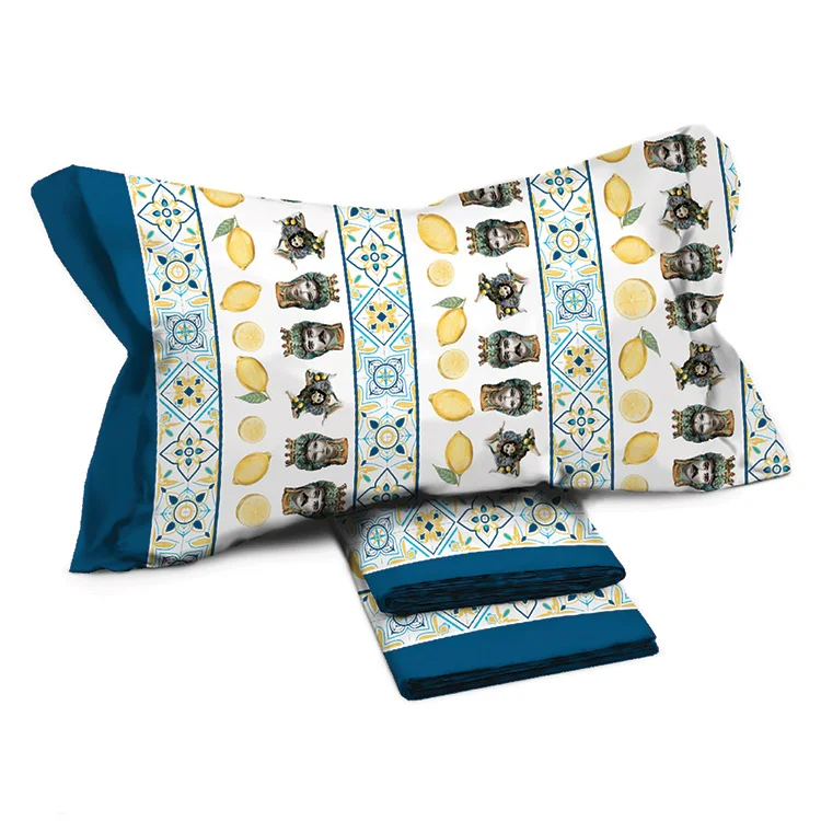 Set lenzuola matrimoniali in cotone fantasia bordo blu Aringa
