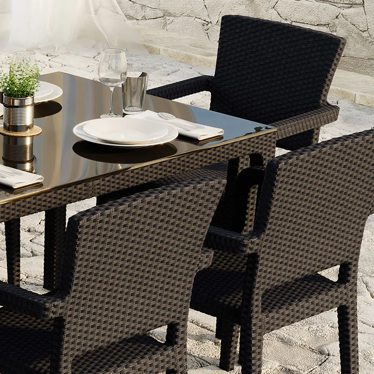 Set tavolo da giardino esterno bar dehors 150x90cm + 6 sedie con braccioli effetto rattan marrone Bora