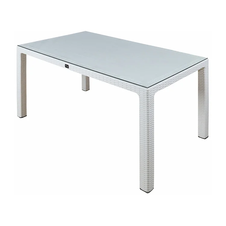 Set tavolo da giardino esterno bar dehors rettangolare 150x90cm + 6 sedie effetto rattan bianco Conchiglia