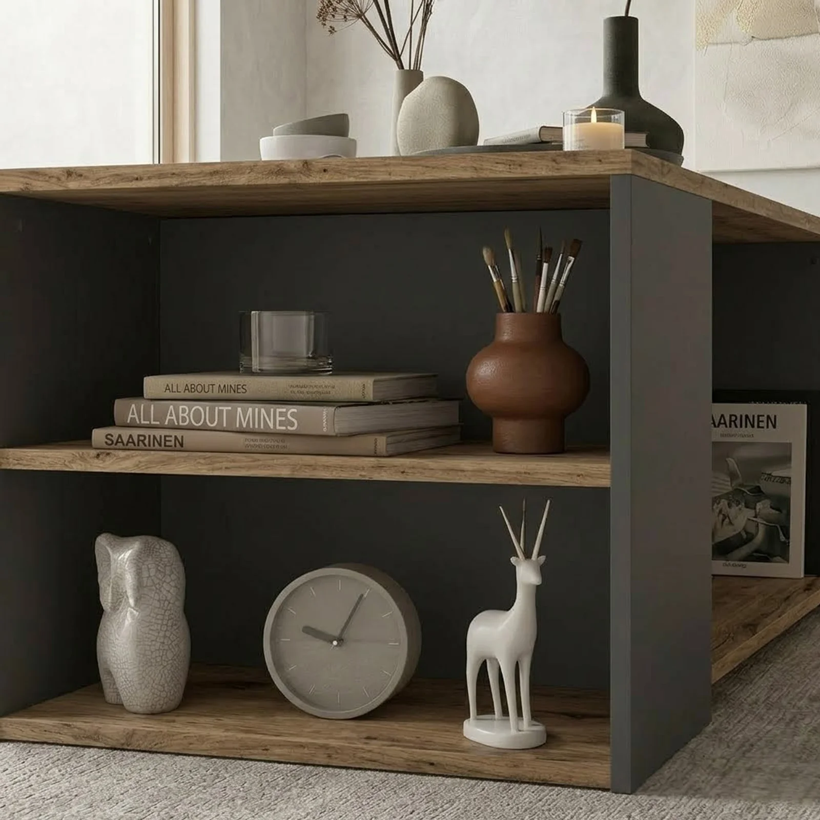 Tavolino da salotto con ripiani  90x59cm antracite rovere rustico Luzon