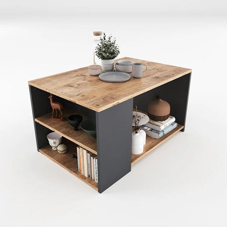 Tavolino da salotto con ripiani  90x59cm antracite rovere rustico Luzon