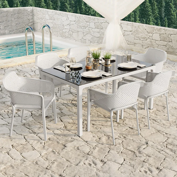 Tavolo moderno da giardino esterno bar dehors con vetro 150x90cm bianco Teodoro