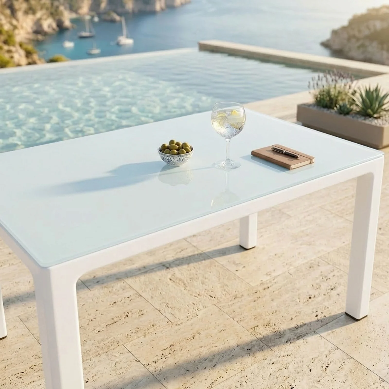 Tavolo moderno da giardino esterno bar dehors con vetro 150x90cm bianco Teodoro