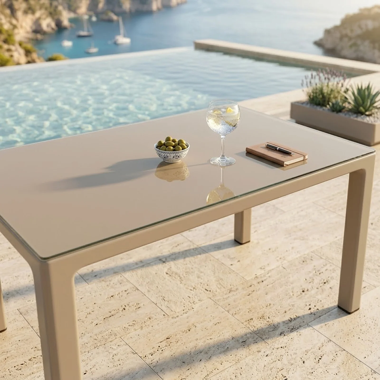 Tavolo 150x90cm da giardino esterno bar dehors tortora con vetro Teodoro