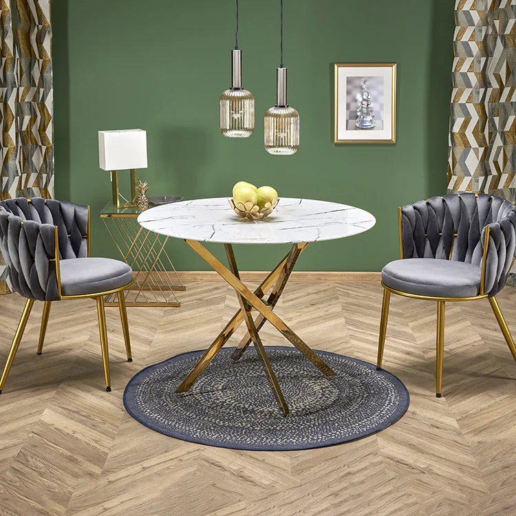 Tavolo Da Pranzo Moderno Esagonale, Supporto In Metallo, Piano Con Fantasia In Marmo Bianco Tavolo Da Pranzo Moderno Esagonale, Supporto In Metallo, Piano Con Fantasia In Marmo Bianco