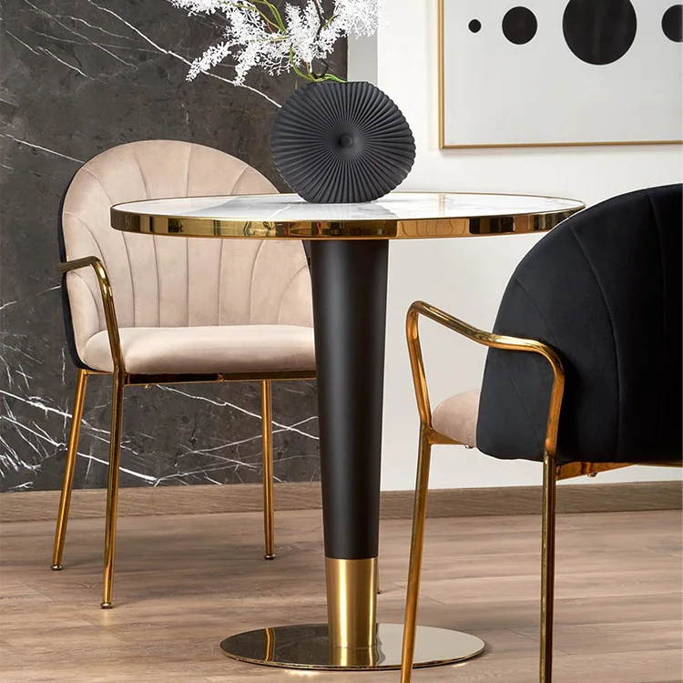 Tavolo rotondo moderno 79x74cm marmo bianco nero oro Barbera