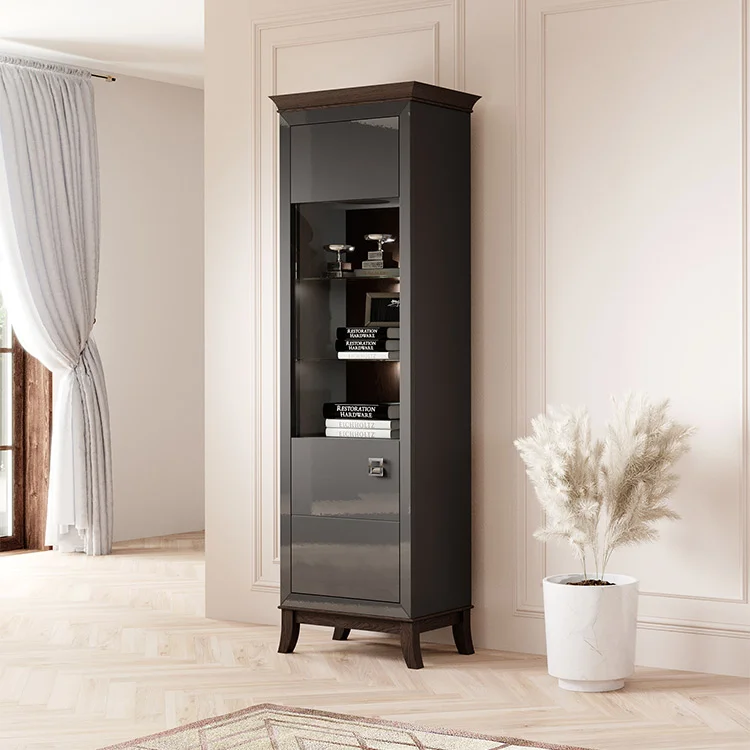 Vetrinetta 66x207h cm 1 anta soggiorno antracite lucido rovere scuro Umag