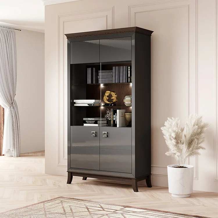Vetrinetta 116x207h cm 2 ante soggiorno antracite lucido rovere scuro Umag
