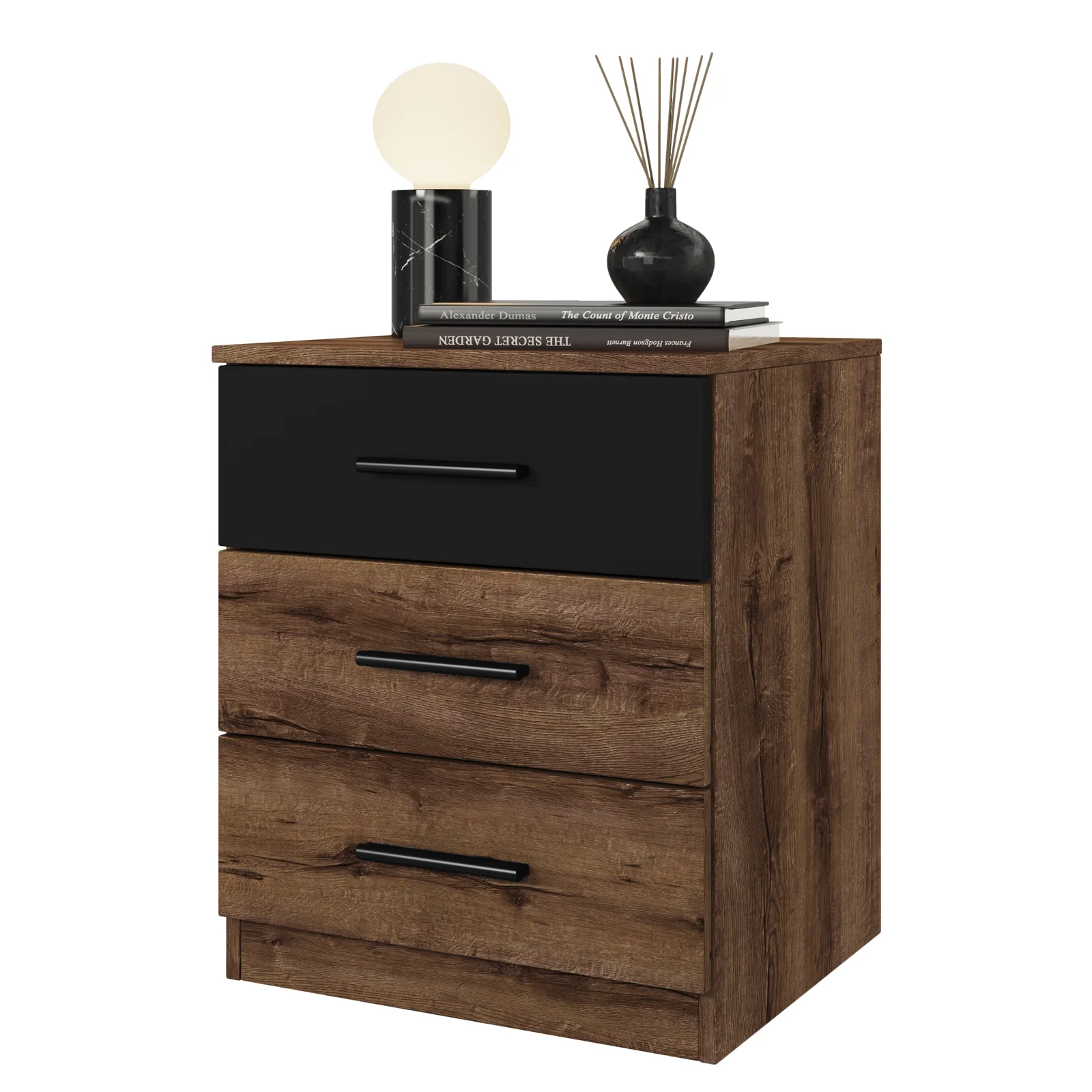 Comodino 40 cm in legno cannettato rovere e nero - Sven Comodino 40 cm in legno cannettato rovere e nero - Sven