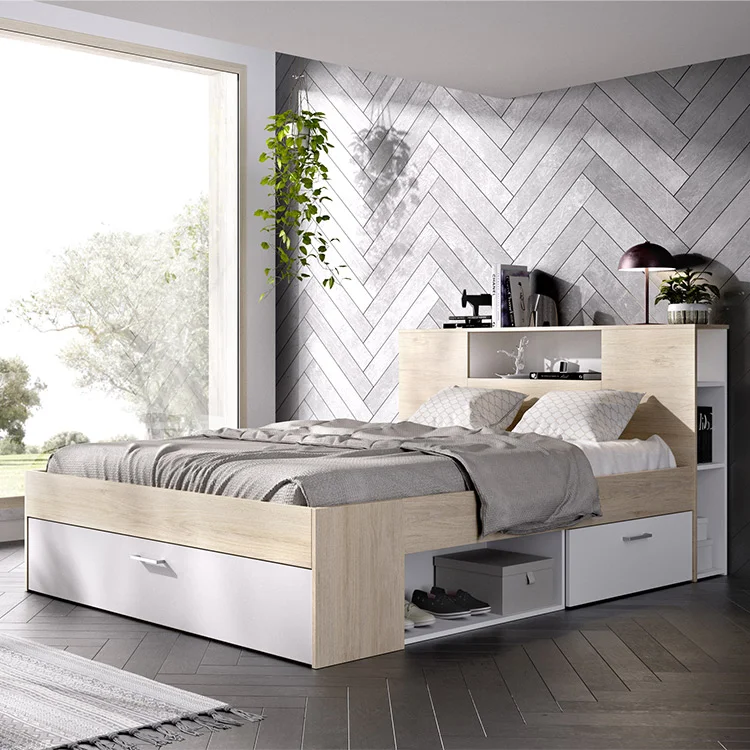 Letto matrimoniale con cassettiera + libreria - 140 x 200 cm - legno massello - bianco | Leroy Merlin Letto matrimoniale con cassettiera + libreria - 140 x 200 cm - legno massello - bianco | Leroy Merlin
