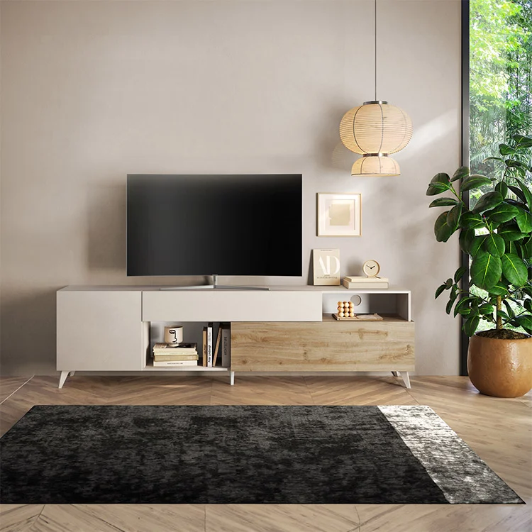 Mobile TV HOMES Nahmene – Grigio Invecchiato E Rovere Chiaro – Scaffali Geometrici
