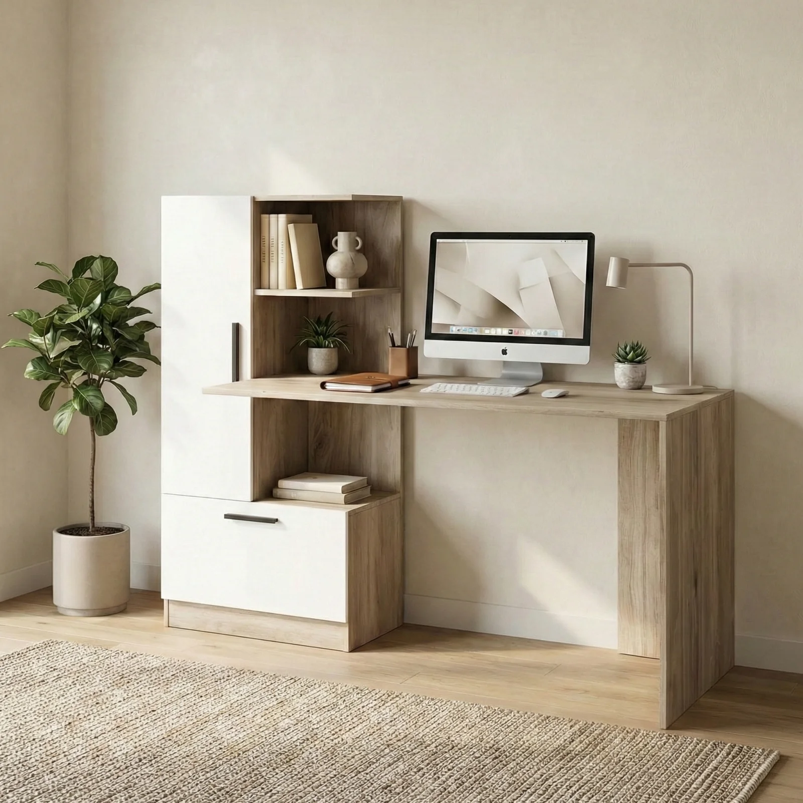 Scrivania 110x89h cm in legno effetto rovere chiaro e bianco con Scrivania 110x89h cm in legno effetto rovere chiaro e bianco con
