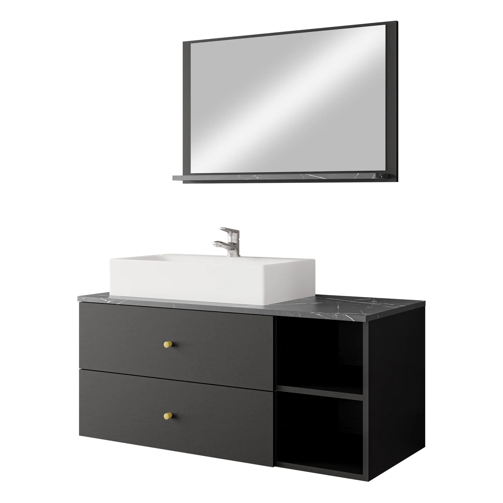 Aqua Bango - Mobiletto E Lavabo Da Bagno 100 Cm, Nero Opaco E Bianco Lucido, Con Due Cassetti Soft Close