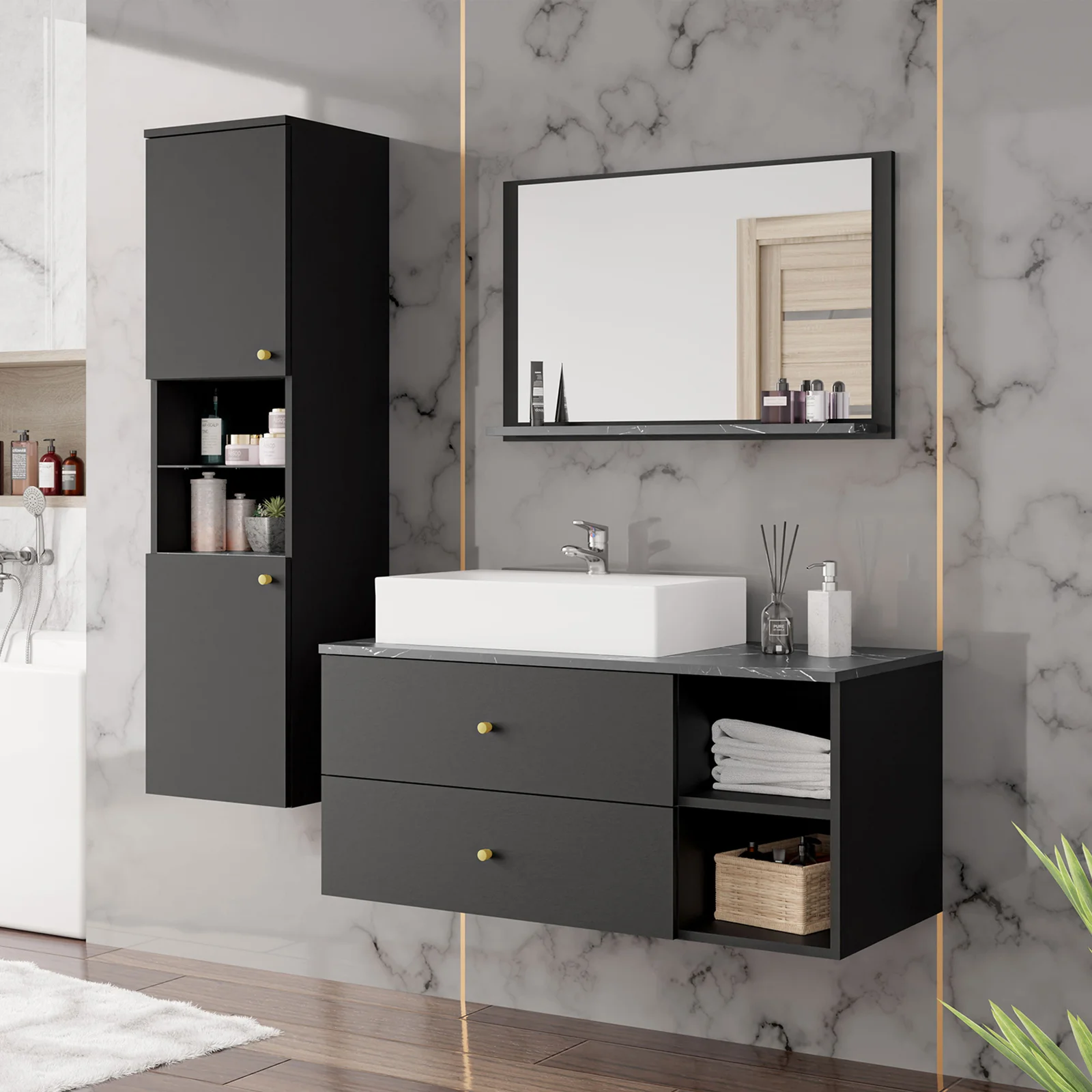 Mobile Sottolavabo Sospeso Collezione RAVEN, Colore Nero Opaco E Lucido Con Lavabo E Sifone Incluso 91663048 Mobile Sottolavabo Sospeso Collezione RAVEN, Colore Nero Opaco E Lucido Con Lavabo E Sifone Incluso 91663048