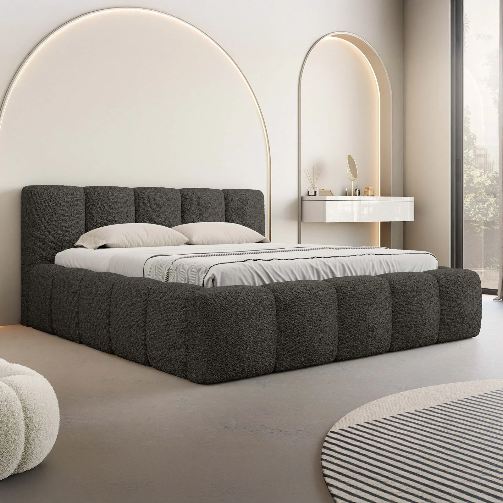 Letto Contenitore 180 X 200 Cm In Velluto - Letto Per Adulti Con Finitura Rivettata Stile Scandinavo Grigio Letto Contenitore 180 X 200 Cm In Velluto - Letto Per Adulti Con Finitura Rivettata Stile Scandinavo Grigio