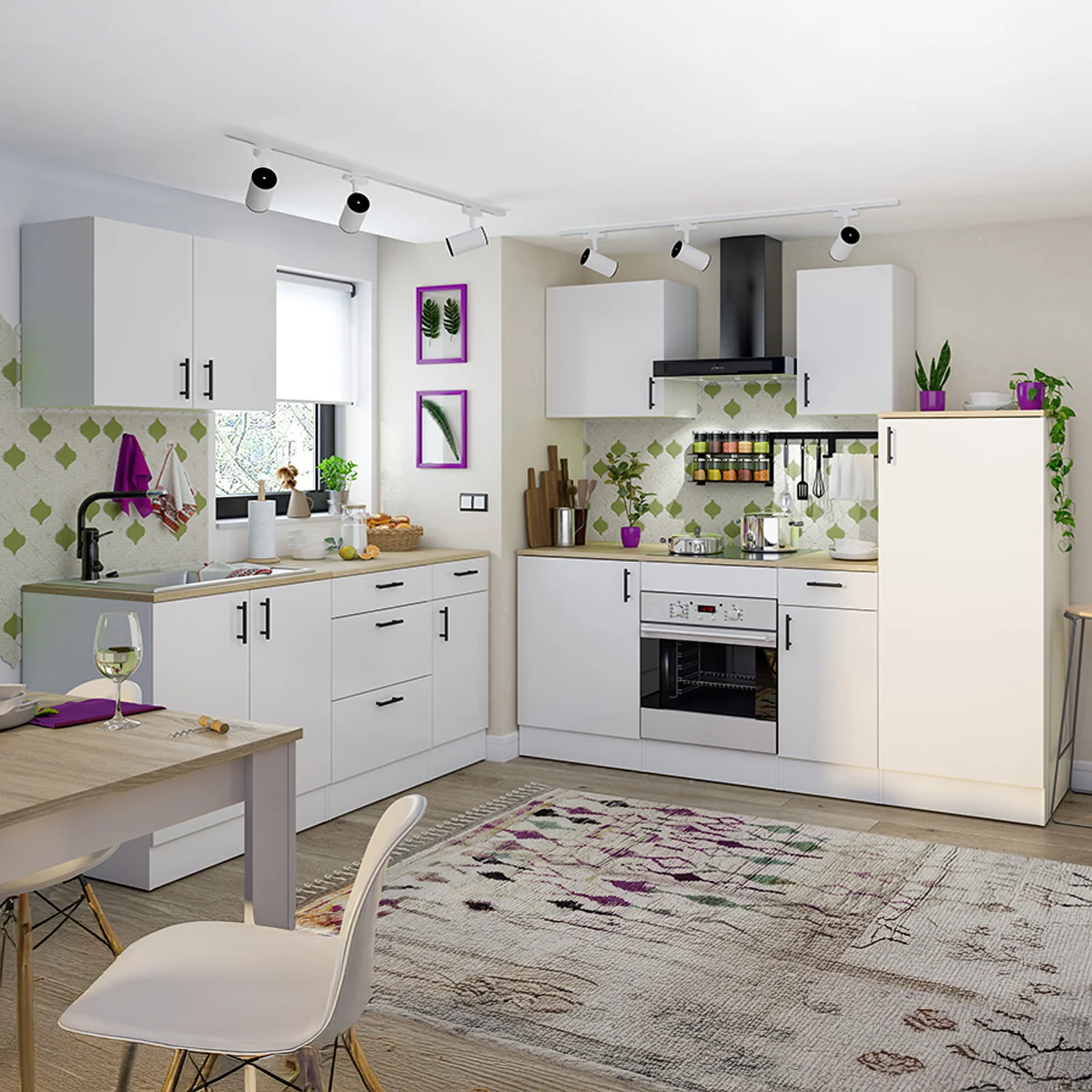 Isola da cucina, carrello da portata con piano di lavoro estraibile, mobile da cucina, carrello da cucina con venature del legno, carrello da pranzo con due ante e tre cassetti (con due