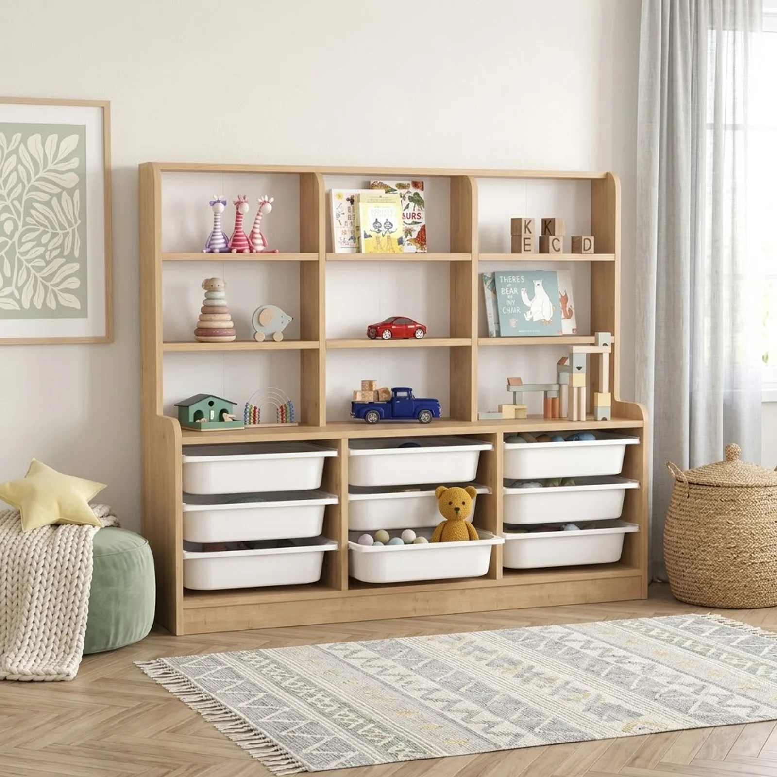 Mobile portagiochi 133x115h cm 9 scaffali e cassettiera rovere Fast Concordia
