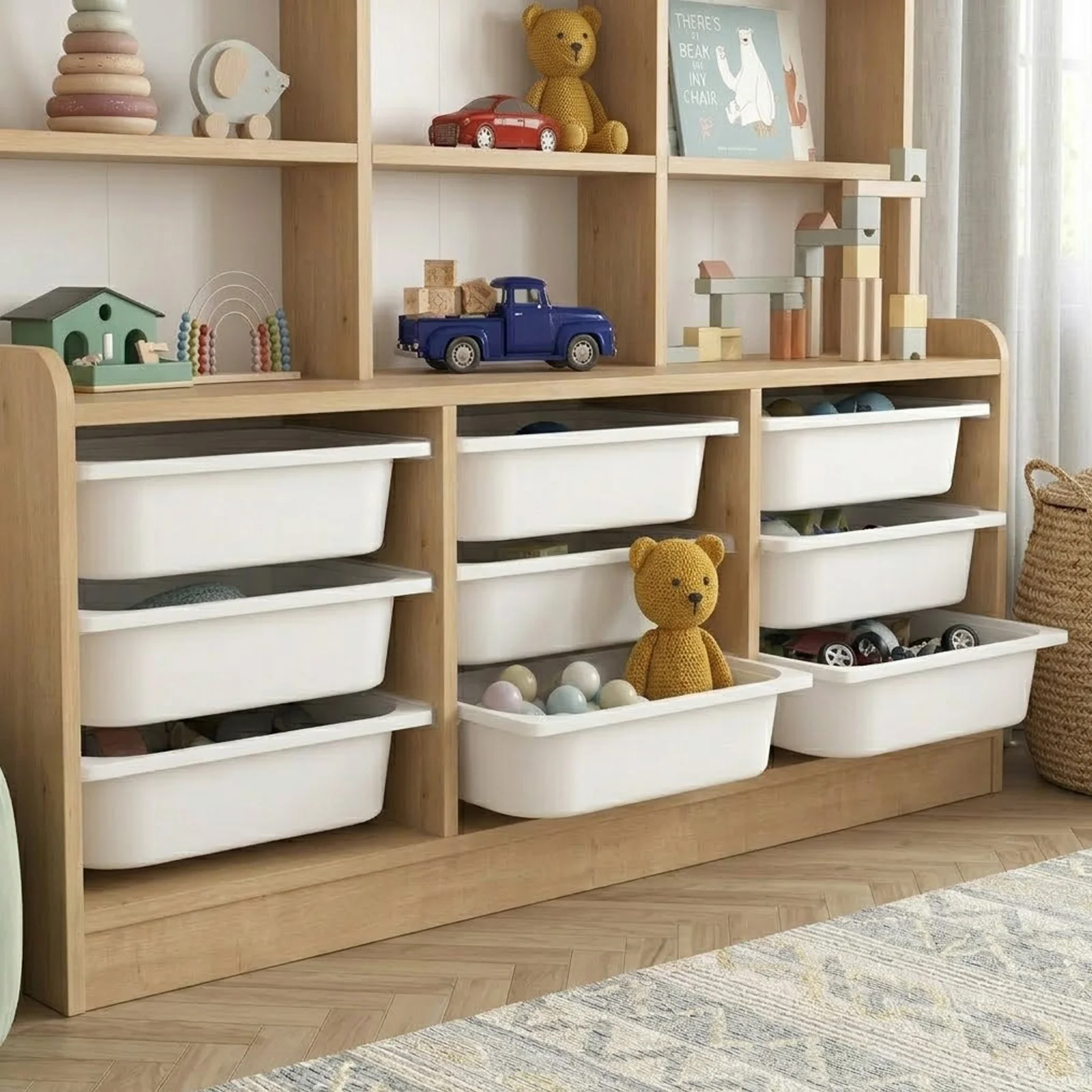 Mobile portagiochi 133x115h cm 9 scaffali e cassettiera rovere Fast Concordia