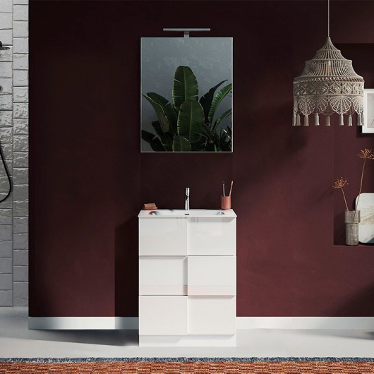 Mobile bagno da terra moderno con lavabo e specchio 60x170cm bianco lucido Obsession