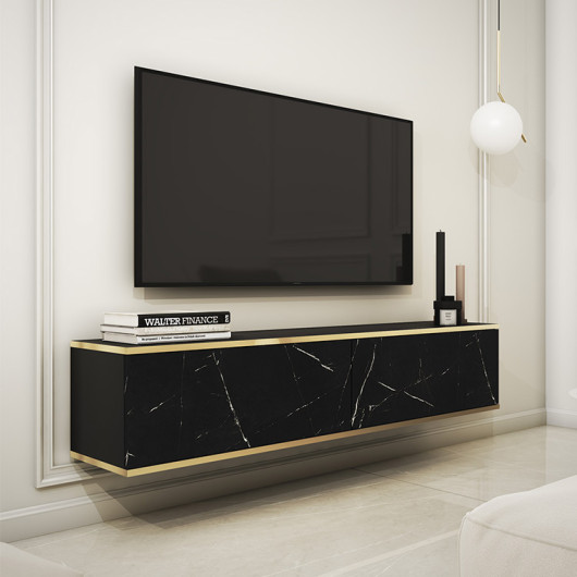 Pensile moderno soggiorno TV 135x30cm effetto marmo nero oro Linus