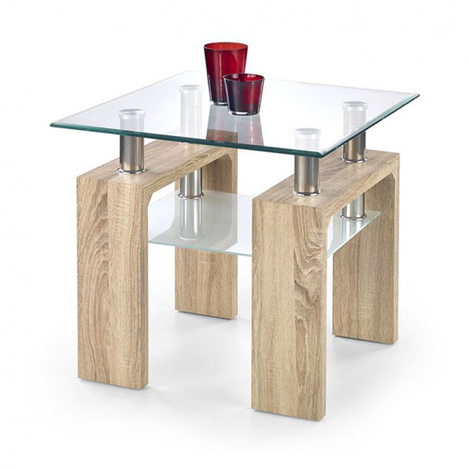 Tavolino da salotto con ripiano 60x60cm vetro rovere acciaio Herman