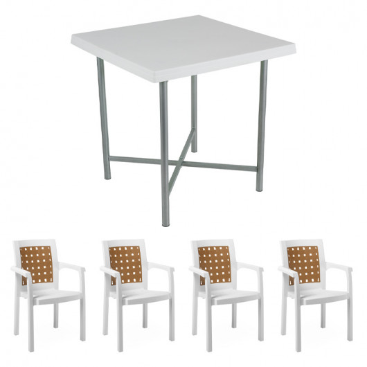 Set tavolo 75x75cm e 4 sedie da giardino polipropilene bianco Alvaro Ventura