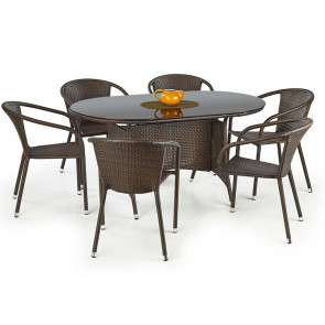 Set tavolo e sedie da giardino esterno Cubby 6 in vetro rattan marrone acciaio cromato