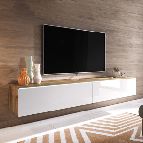 Mobile porta tv sospeso con LED design 180x30cm bianco lucido rovere Silvia