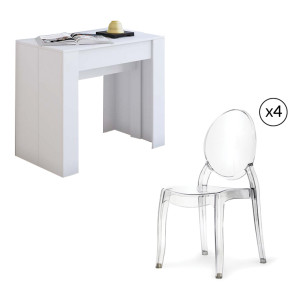 Set tavolo consolle allungabile bianca+4 sedie trasparenti Velar