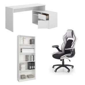 Set arredo ufficio completo moderno scrivania+libreria+sedia gaming Blanco