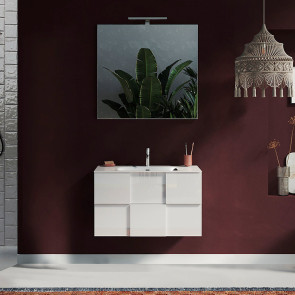 Mobile bagno sospeso classico con lavabo e specchio 80x136cm bianco lucido Dama